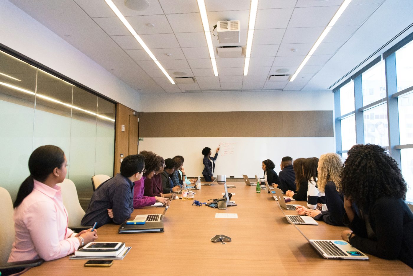 A leadership team working through operational priorities in a boardroom session